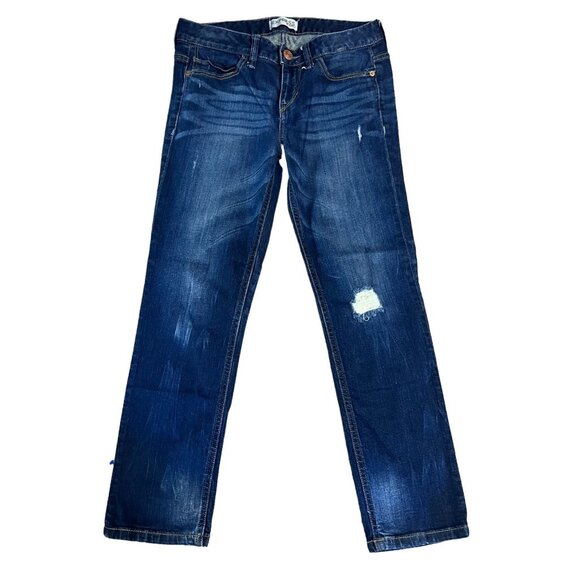 Express Modern Boyfriend Relaxed Fit Low Rise Jeans Size 0 Dark Wash Distressed - Picture 1 of 9